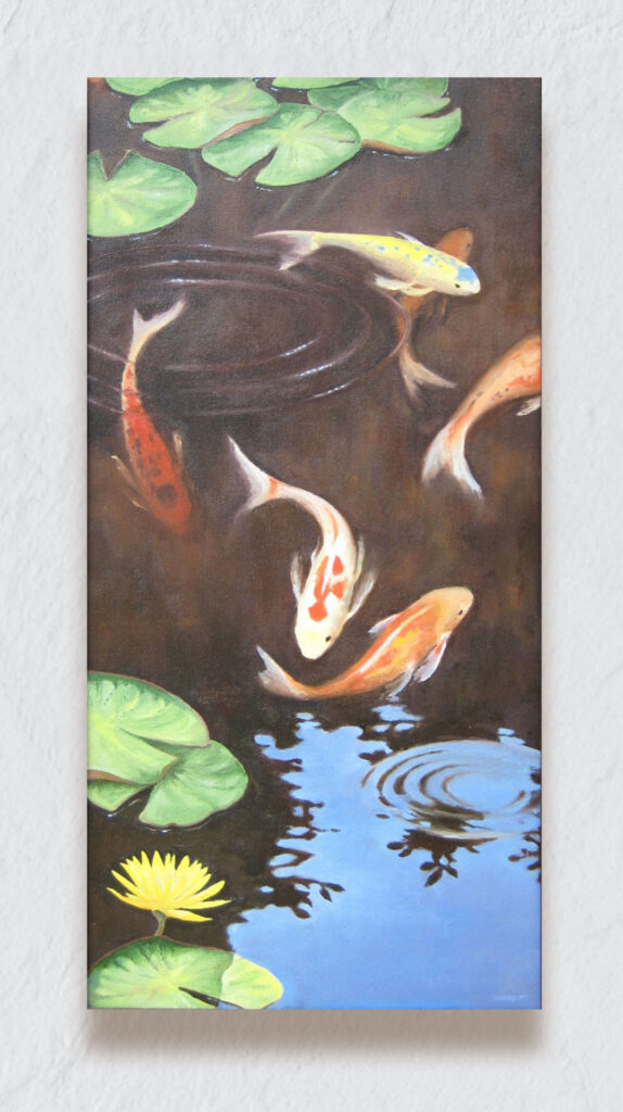 Koi fish and water lilies in a pond.